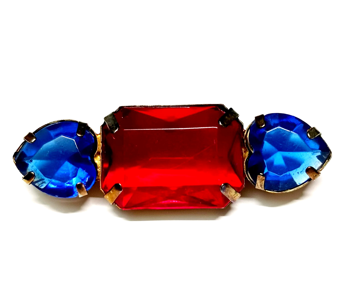 Old Vtg Lucite Acrylic Stone Bar Brooch Blue Hearts Red Rectangle C Hook Clasp