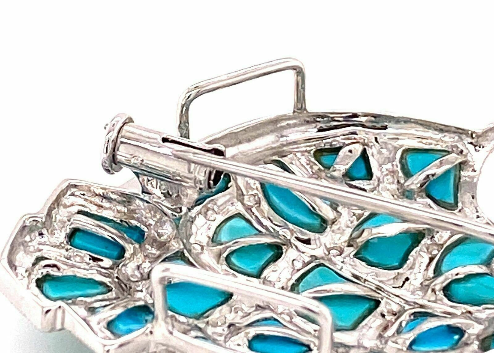 Champagne Diamond Turquoise Owl 18k White Gold Brooch Pendant