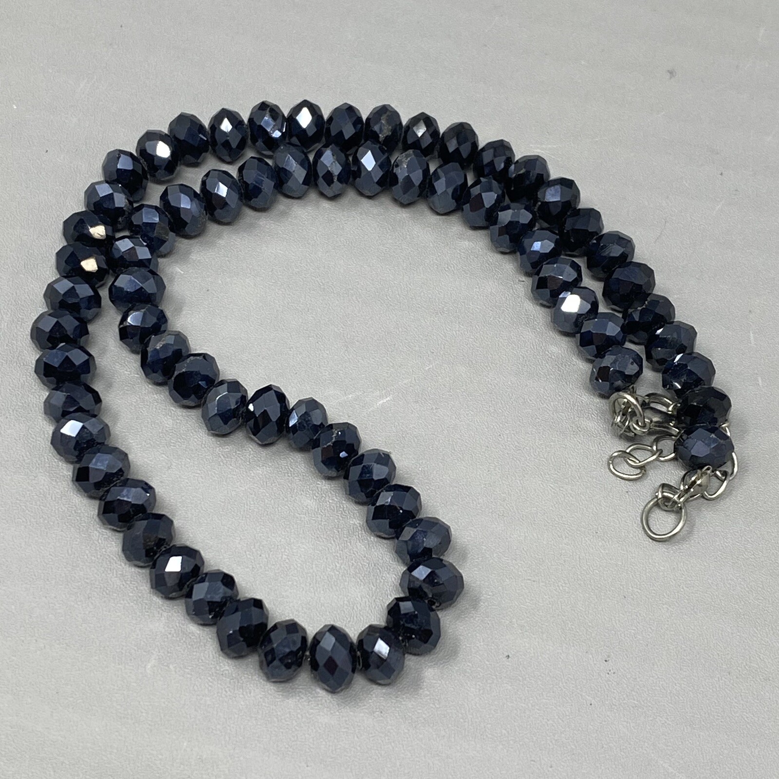 Blue Glass Bead Necklace Iridescent Round Faceted Dark Fire Polished Collar 18″
