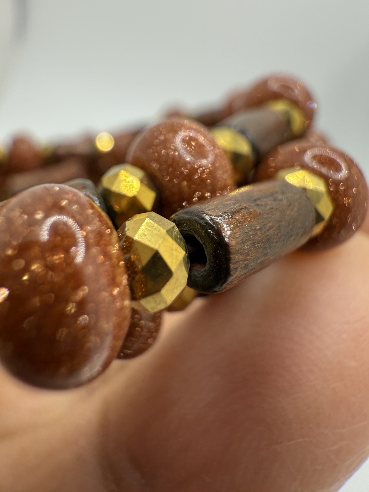 Vintage Bracelet Wood Goldstone Gemstone Wired Wrap Multi-strand Bohemian Boho