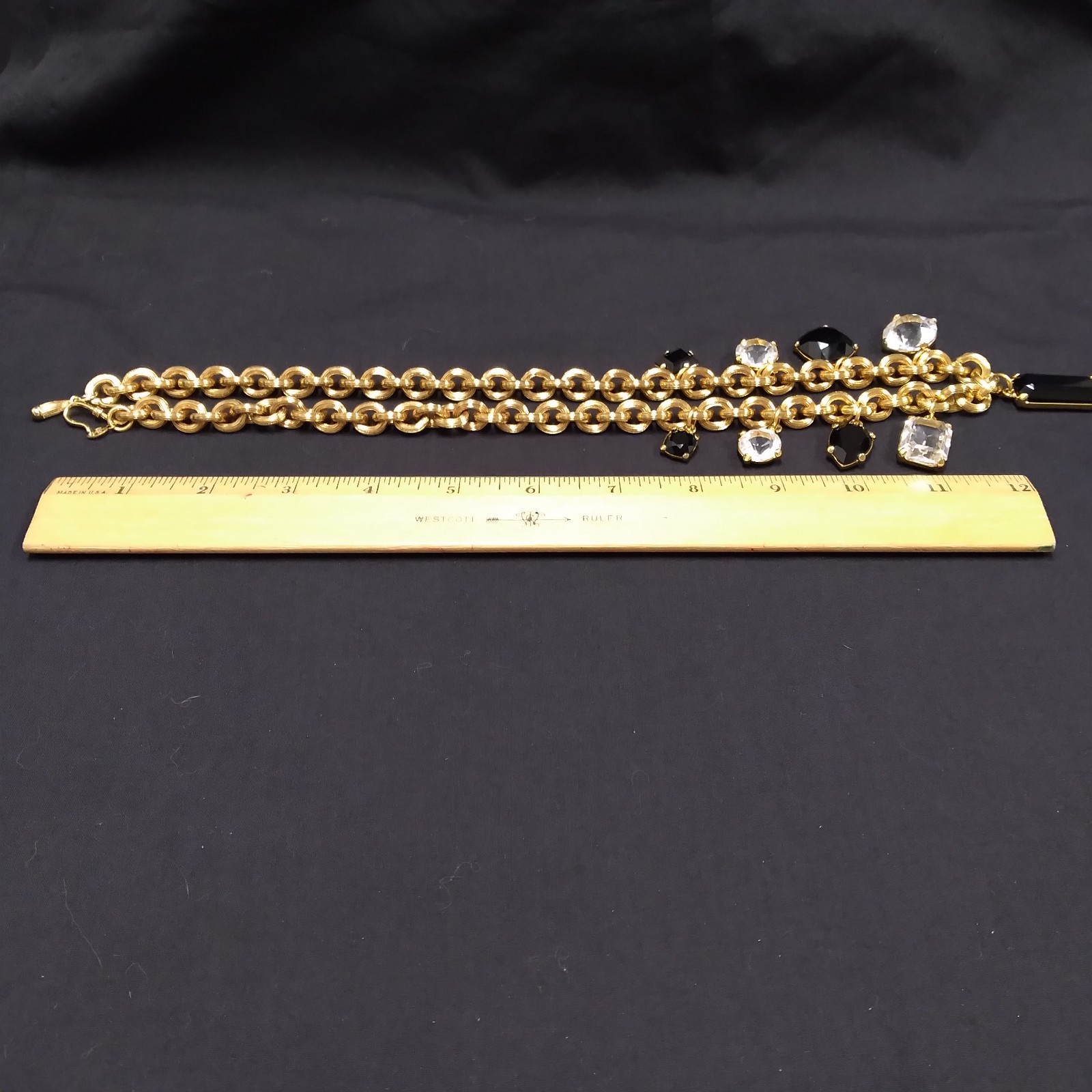 Monet Gold Tone Chunky Necklace with Clear and Black Crystal Charms