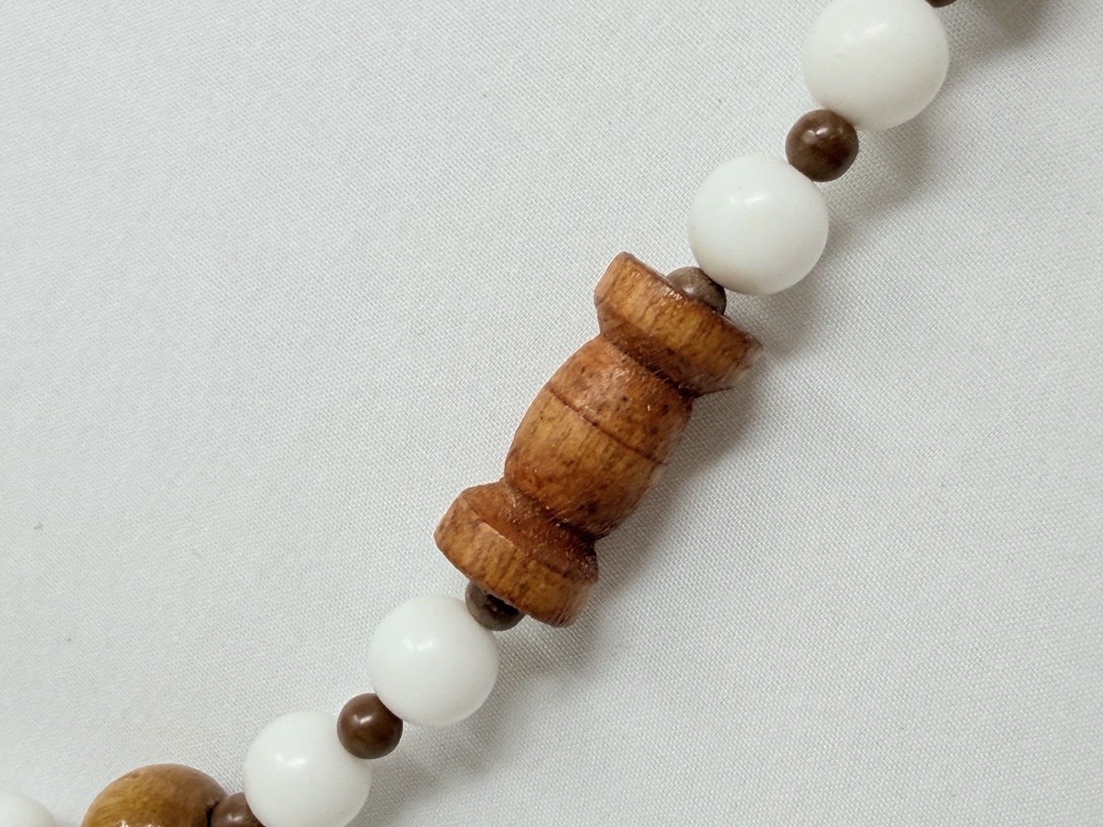 Vintage Carved Wood and White Lucite Bead 48″ Necklace