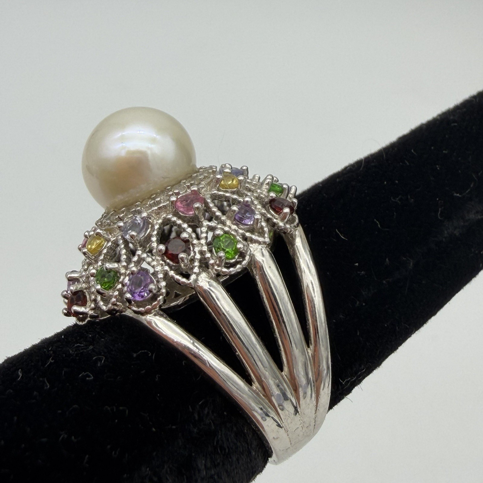 Vtg JZ Sterling Silver Pearl Gemstone Princess Ring Garnet Period Size 6 QVC