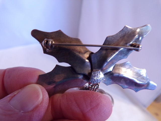 Vtg Taxco Mexico Ster Silver 925 Christmas Holly Bells Signed Pin Brooch 21.4g