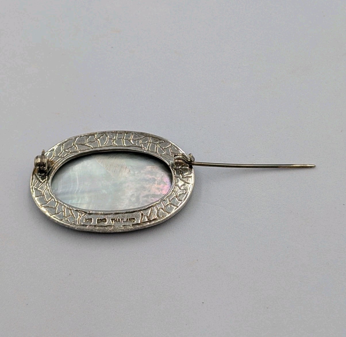 MYG Vintage Sterling Silver Oval Abalone Shell & Marcasite Stone 925 Pin Brooch