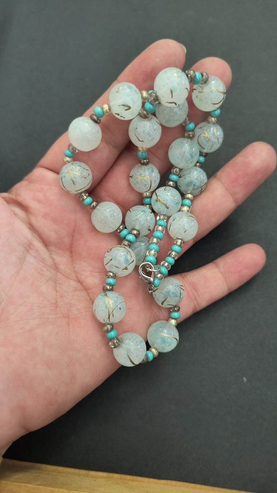 VTG Turquoise & Hand painted Glass Beads / 18″ Necklace, 1900s Venetian Murano