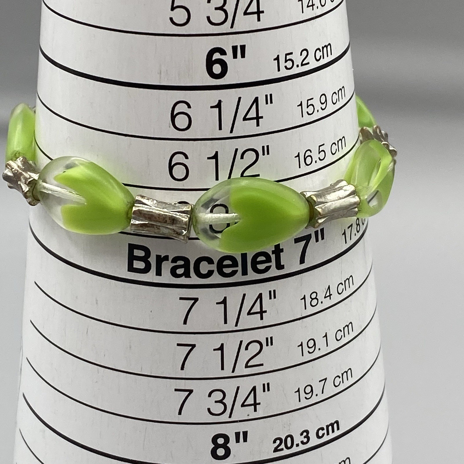 Lime Green Givre Glass Beaded Bracelet Stretch Silver Tone Spacers 6.5″