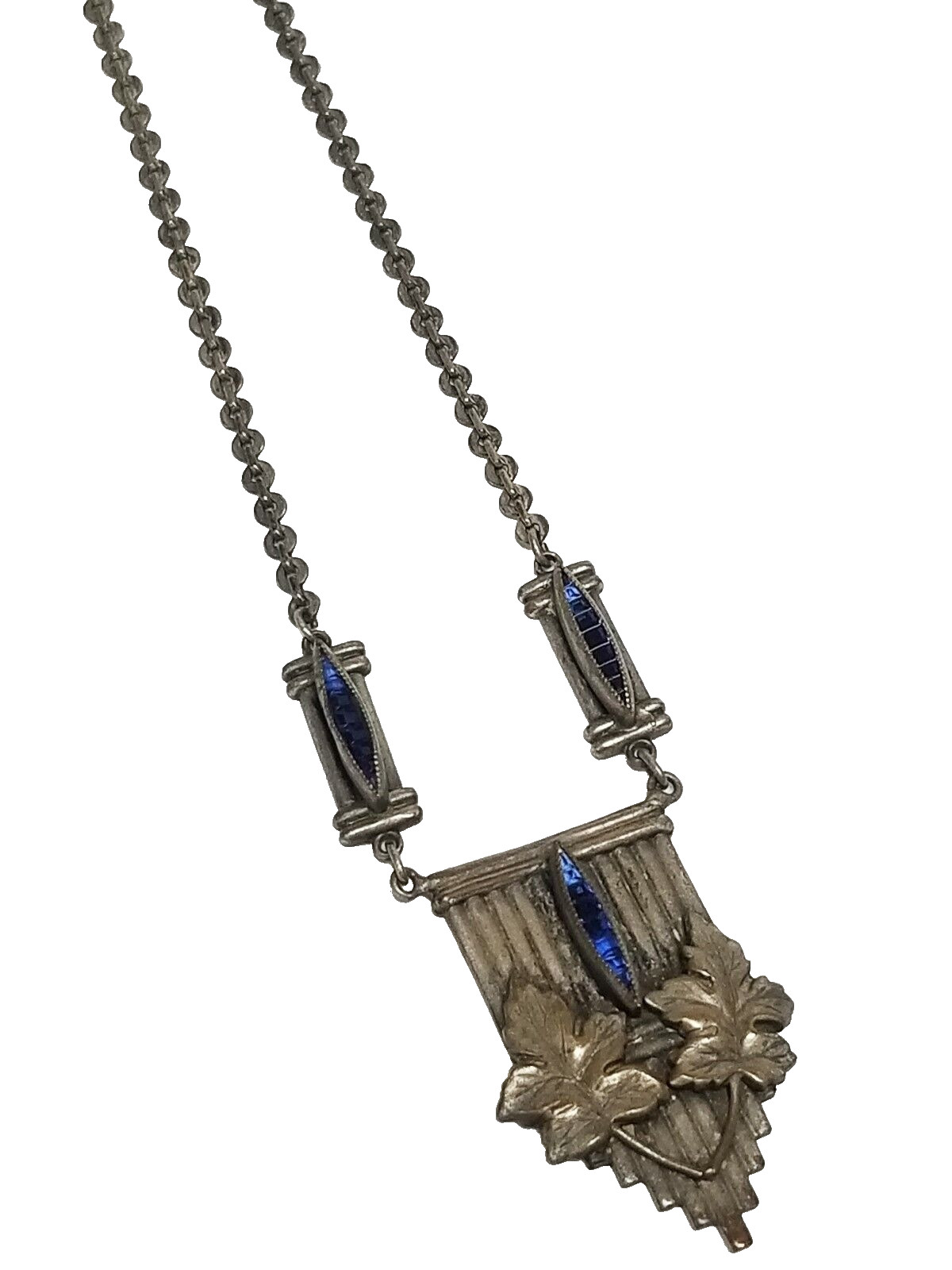 Antique Art Deco / Nouveau Simulated Sapphire Pendant Necklace Leaf Motif 18 3/4