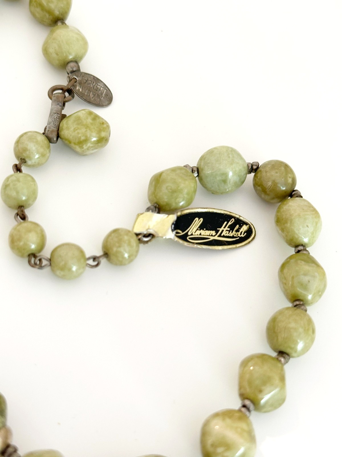 Vintage Signed Miriam Haskell Marbled Green Glass Nugget Bead Statement Necklace
