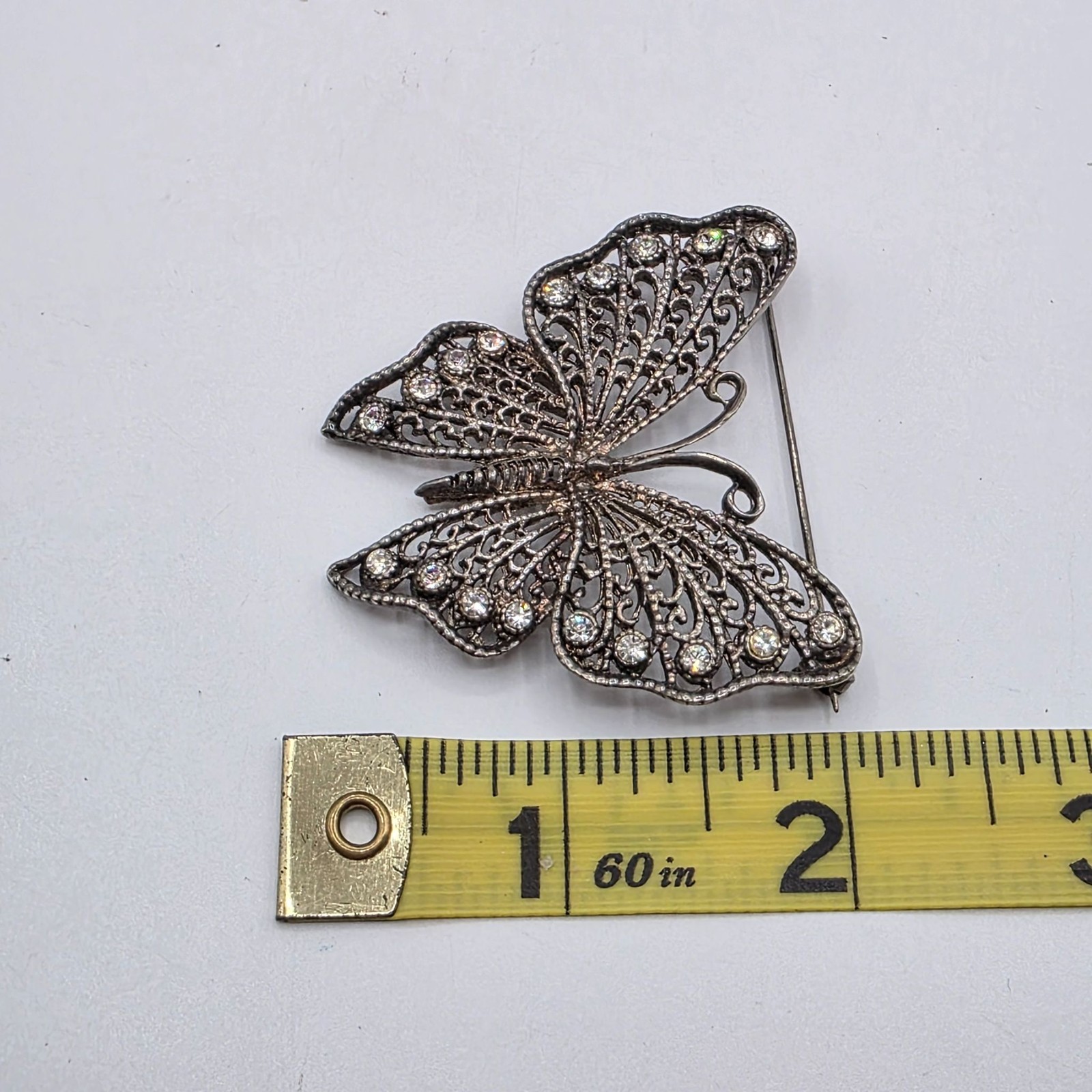 Vintage Filigree Butterfly Brooch Rhinestone Silver Tone Metal Pin Jewelry