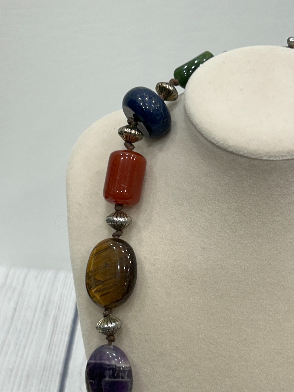Artisan Multi-Gemstone Necklace Amethyst Lapis Tiger’s Eye Carnelian Jade 18″