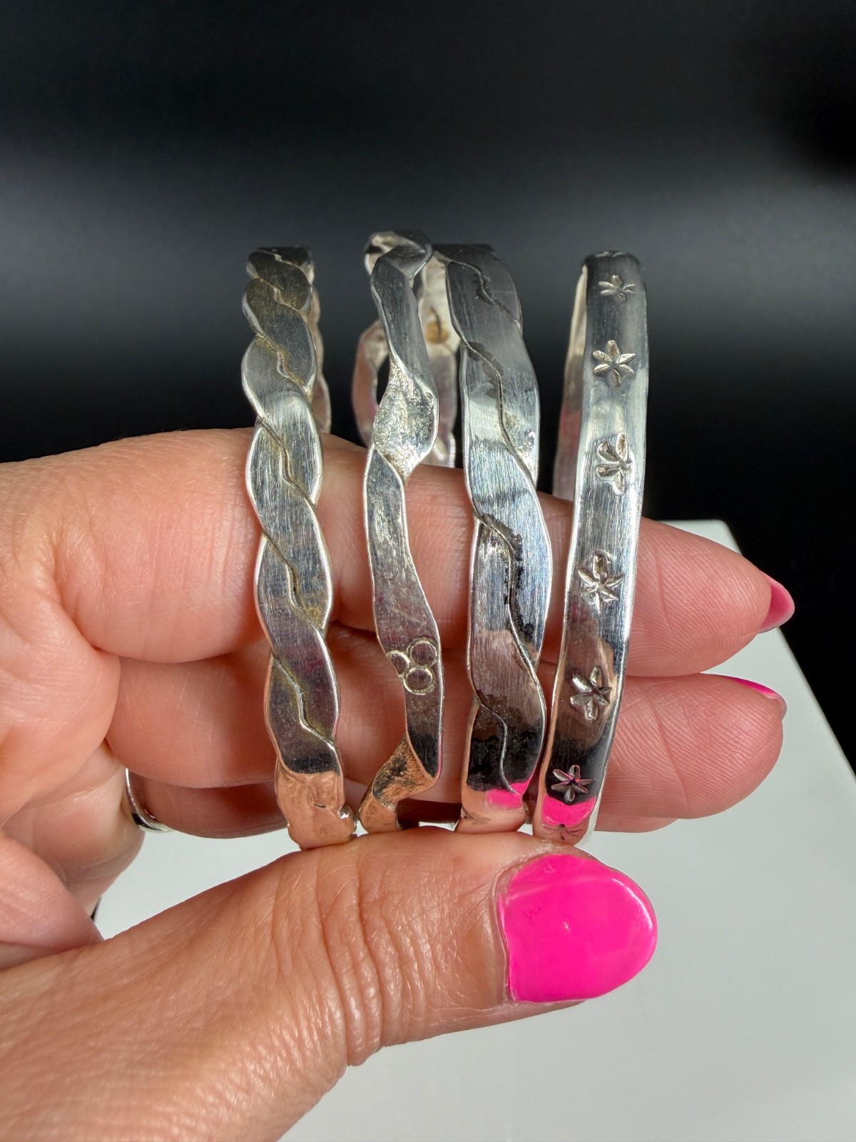 Vtg Sterling Silver Bangle Stack 4 Twist Etched Star Boho Bracelets Mexico 59g
