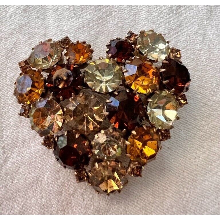 Vintage Austrian Crystal Pin Heart Shape Round Faceted Karu Arke Silver Toned
