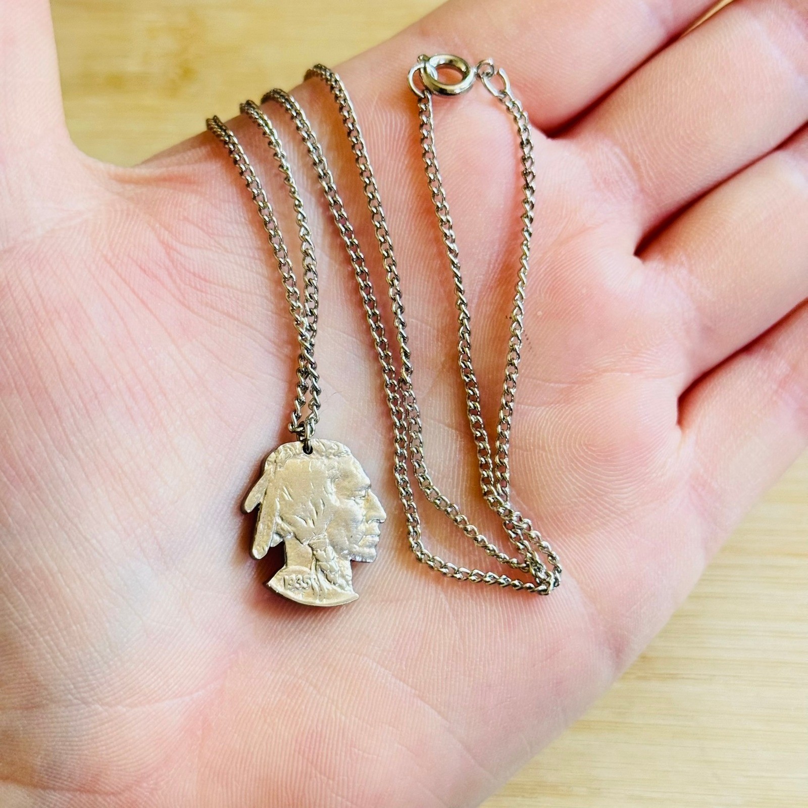 VTG Indian Head Buffalo Nickel Coin Cutout necklace Silver Tone Retro 70s 19″