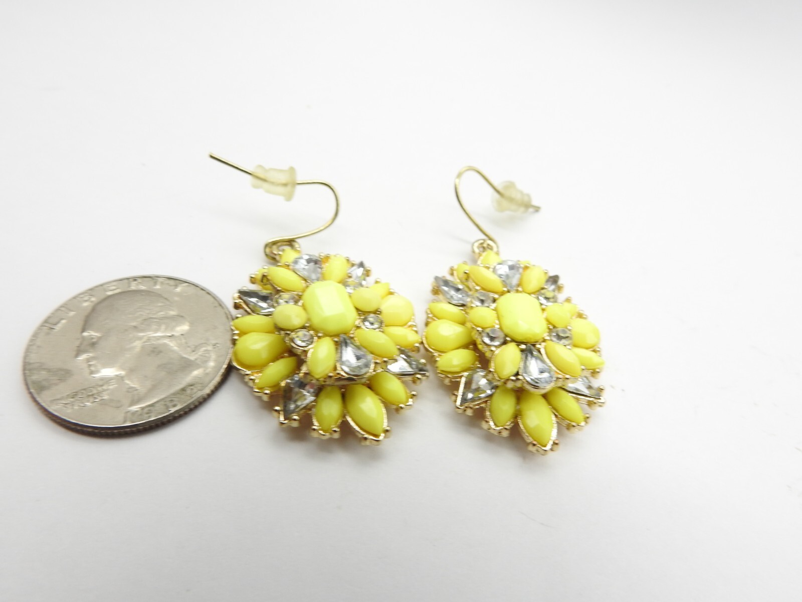 Yellow Acrylic Clear Glass Rhinestone Gold Tone Spray Pierced Earrings Vintage