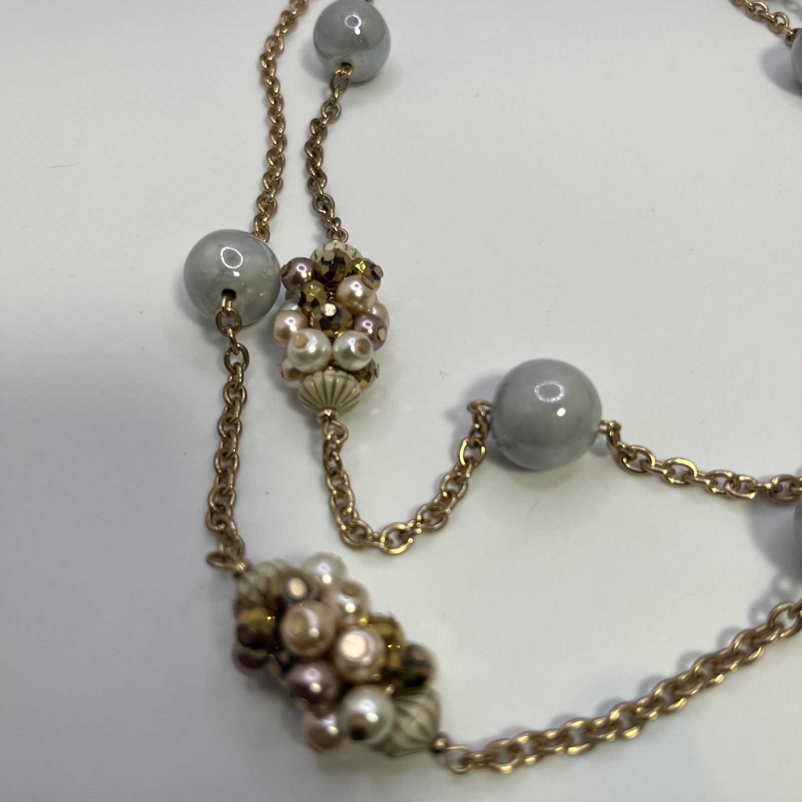 Vintage Glass Bead Puff Long Necklace Ivory Champagne Rose And Gold Tones 37-44”