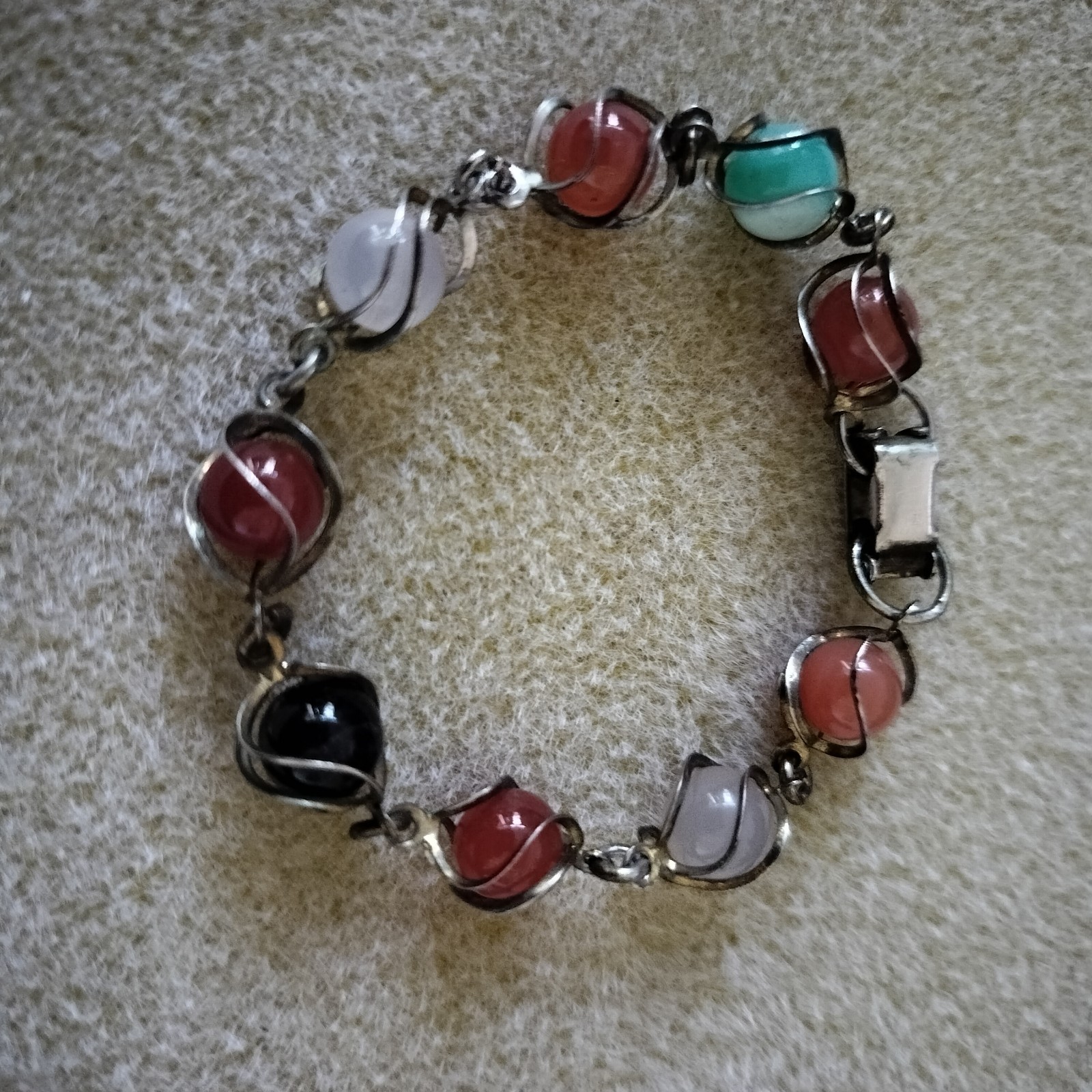 Vintage MCM Multi-Gemstone Caged Sphere Link Bracelet Wire-Wrapped Scarab-Style
