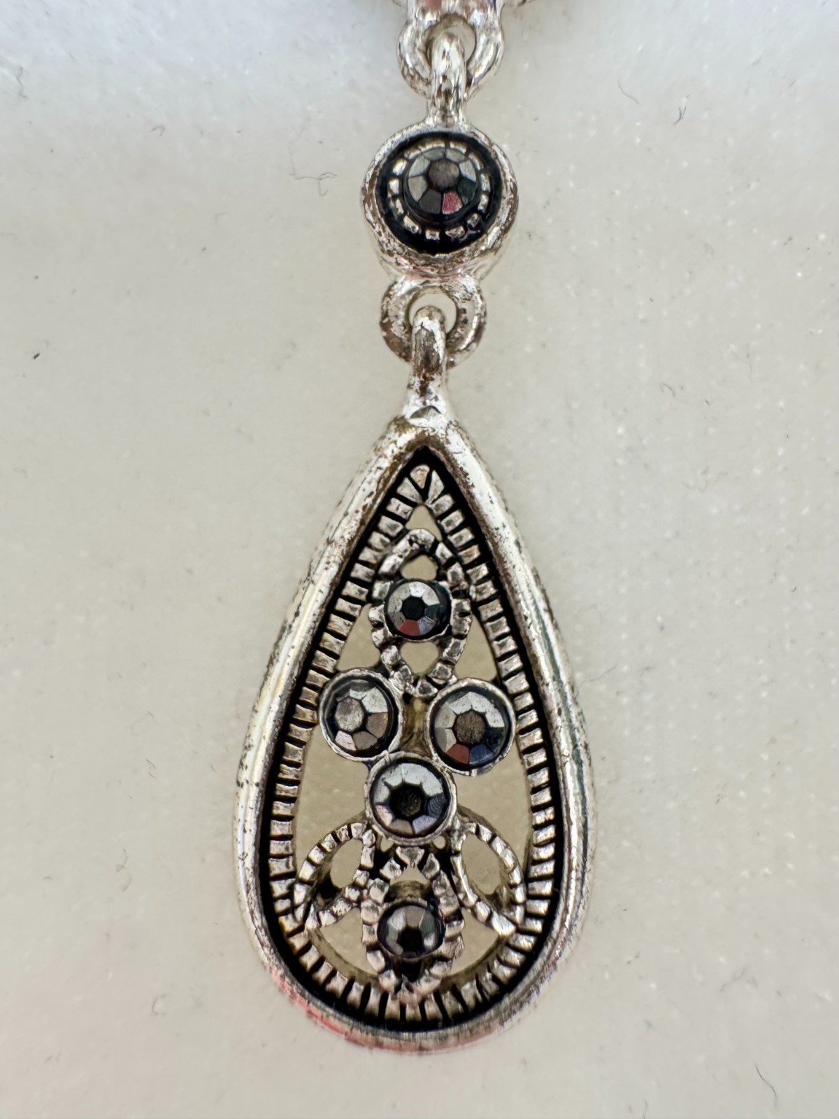 Vintage Crown Trifari Y Necklace, Faux Marcasite Teardrop Drop Pendant