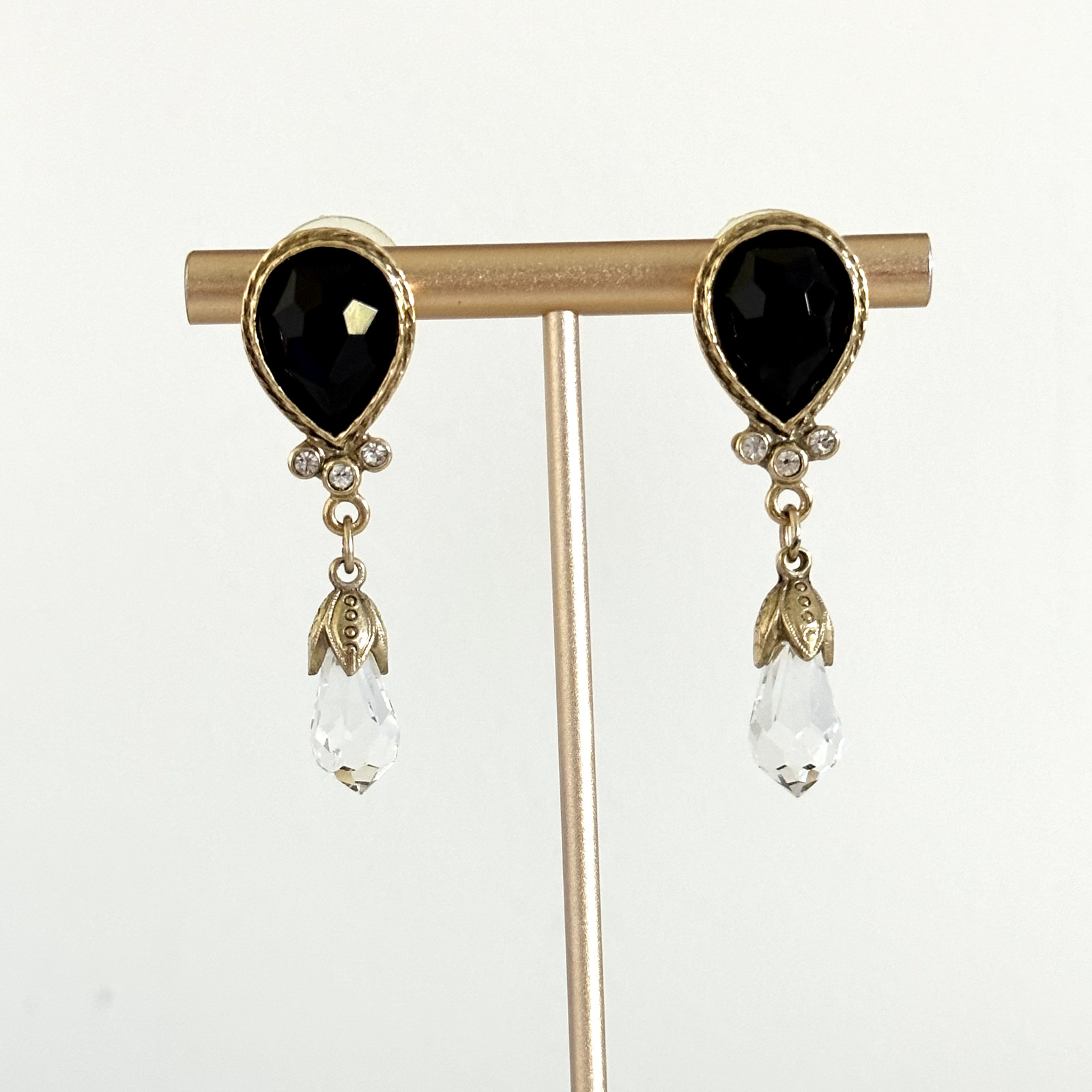 Vintage Clear Faceted Crystal Black Acrylic Stone Gold Tone Dangle Earrings