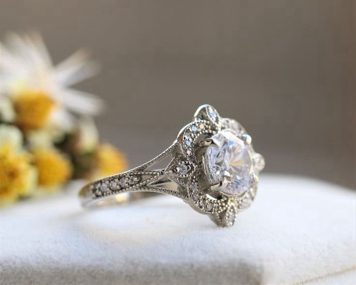 Antique Art Deco Filigree 2 Ct Round Cut Moissanite Edwardian Engagement Ring