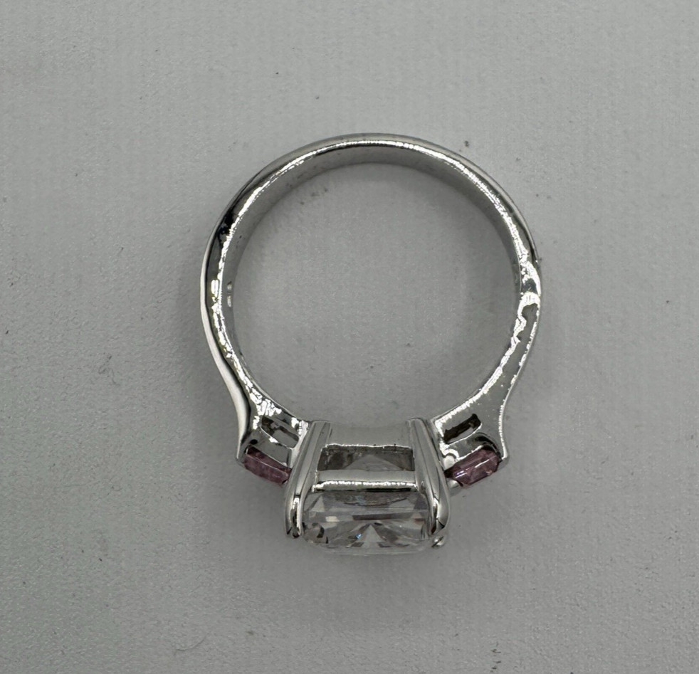 Vtg Hollywood Collection Ring Size 9 Clear CZ w/ Pink CZ Side Stones Silver 925