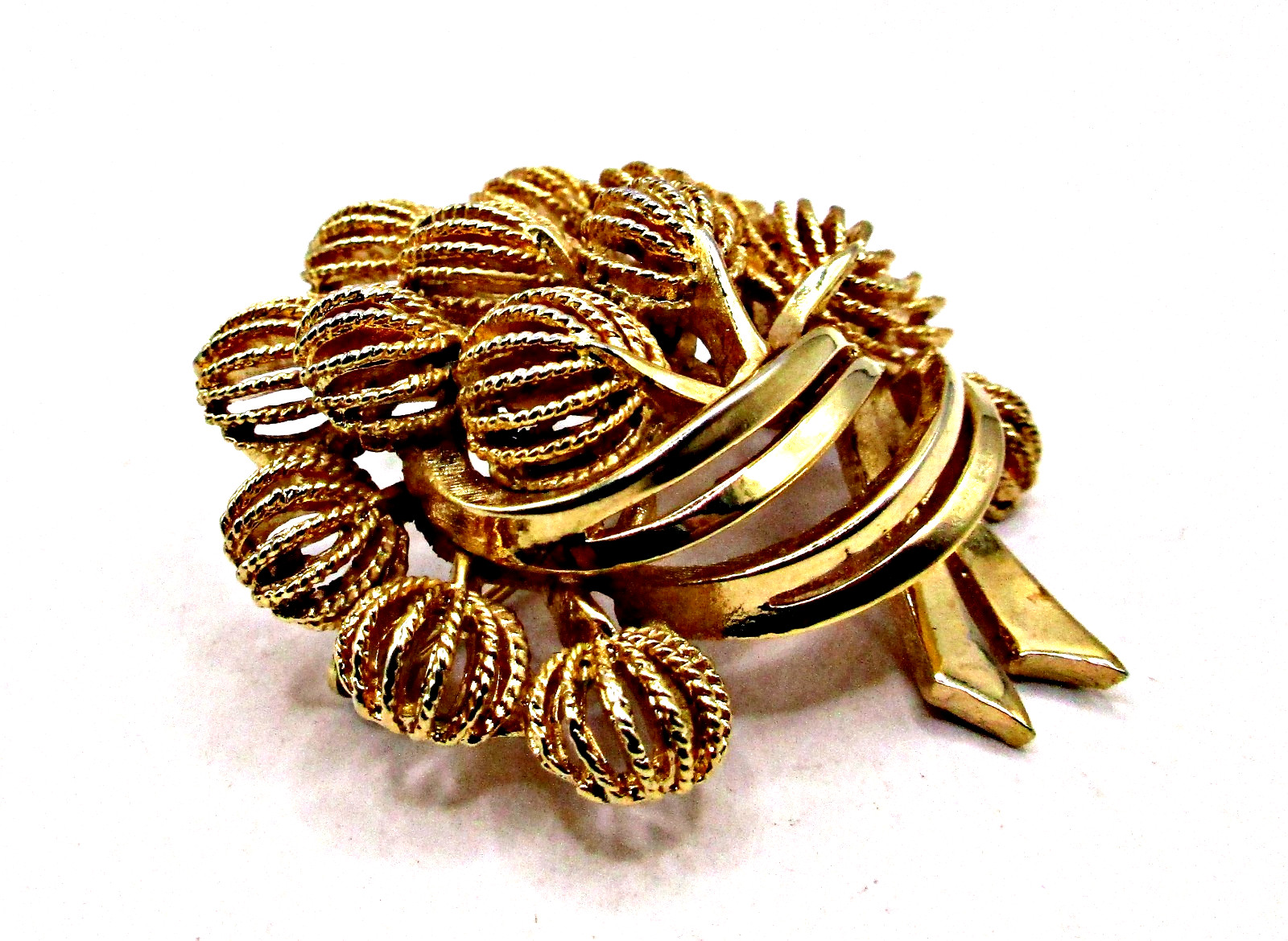 Vintage Signed Corocraft Gold-tone Domed Textured Bouquet Pin Brooch