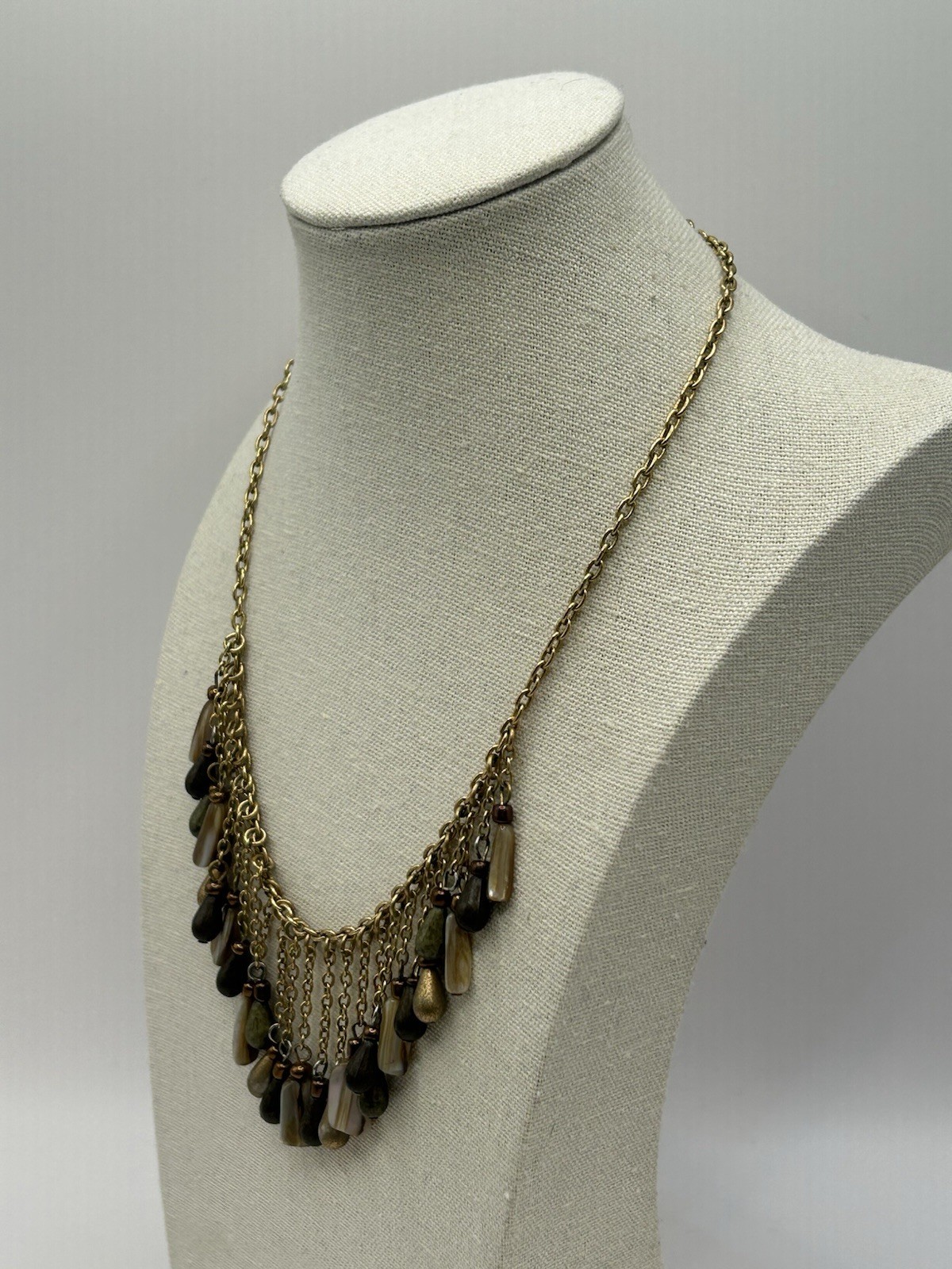 Vintage Boho Fringe Necklace Gold Tone Multi Stone Dangle Bib Statement Earthy