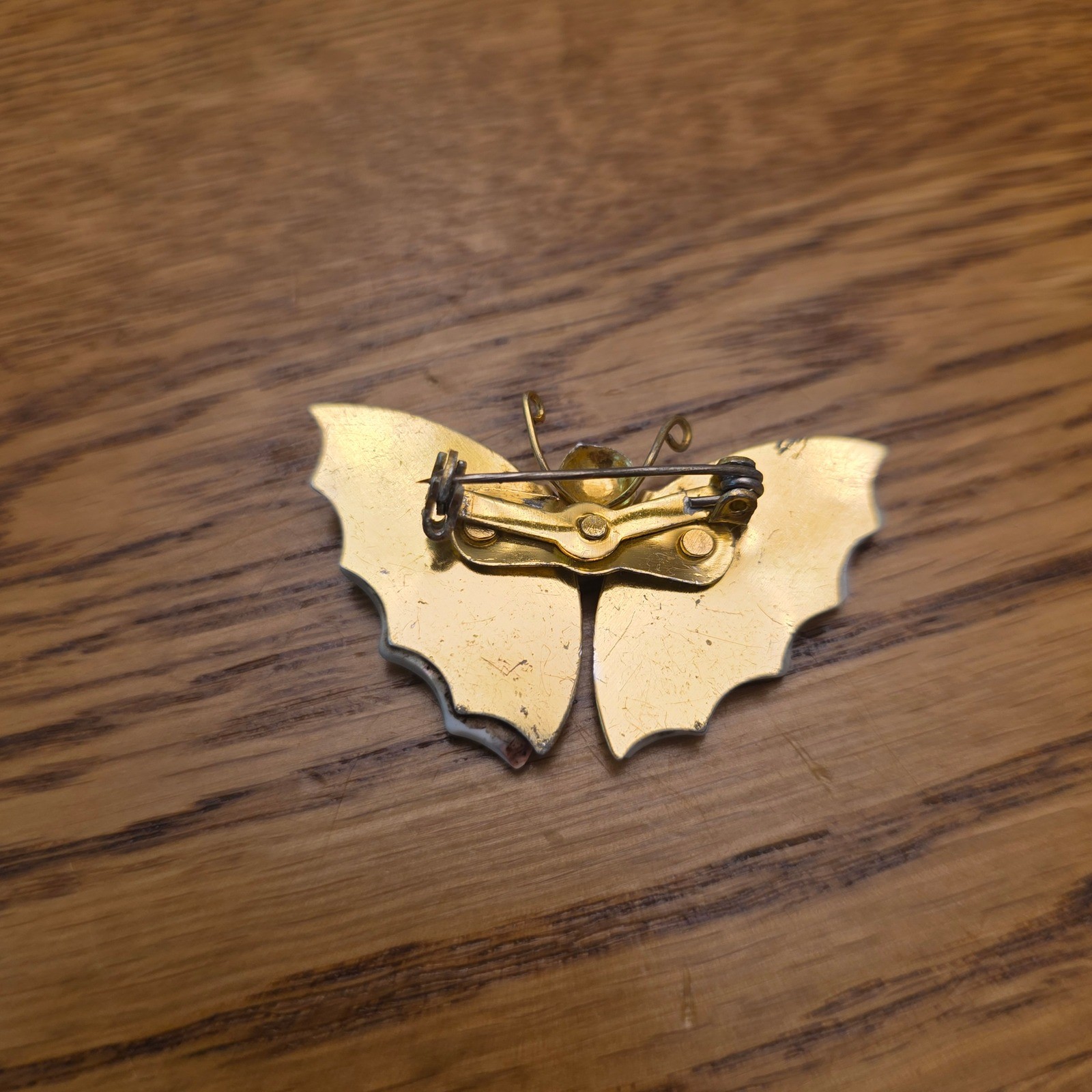 Vintage Mother of Pearl Butterfly Brooch Gold Tone Carved Shell Pin 1.5″ Moth