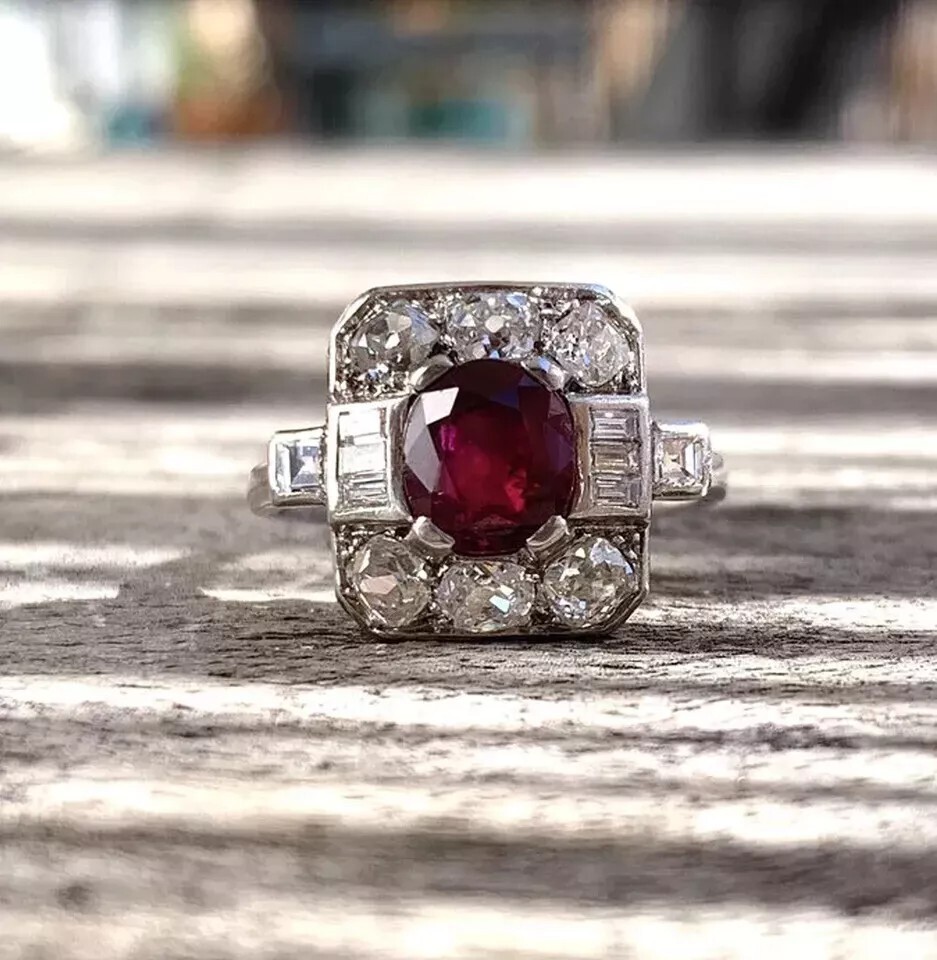 Art Deco Vintage Ruby & Lab Created Diamond Engagement 14K White Gold FN Ring