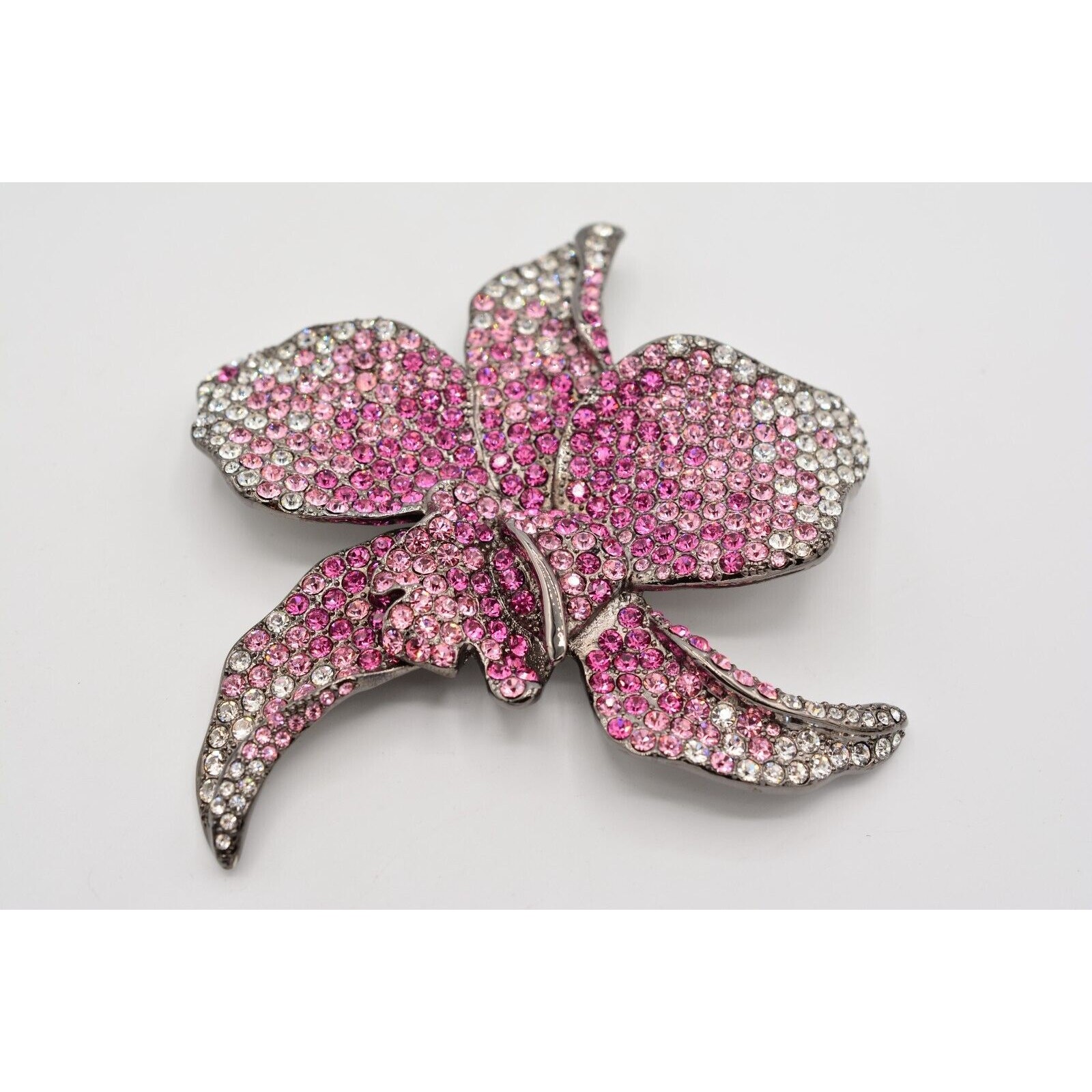 PJM Crystal Flower Brooch Pin 4″ Rhinestone Pink Gunmetal Vintage Signed BinV