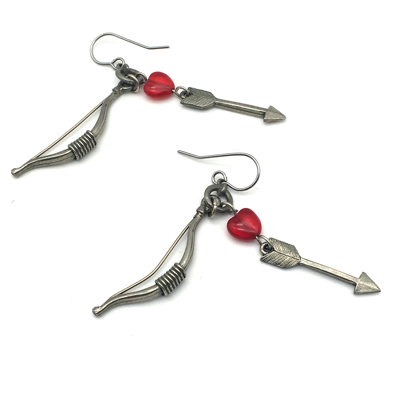 CLIFT Signed Pewter Bow & Arrow Red Lucite Heart Dangling Fish Hook Earrings