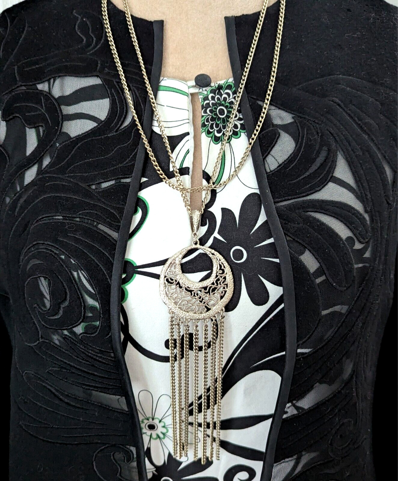 Layered Tassel Fringe Necklace Long Bold Art Deco Flapper Style Indie Jewelry