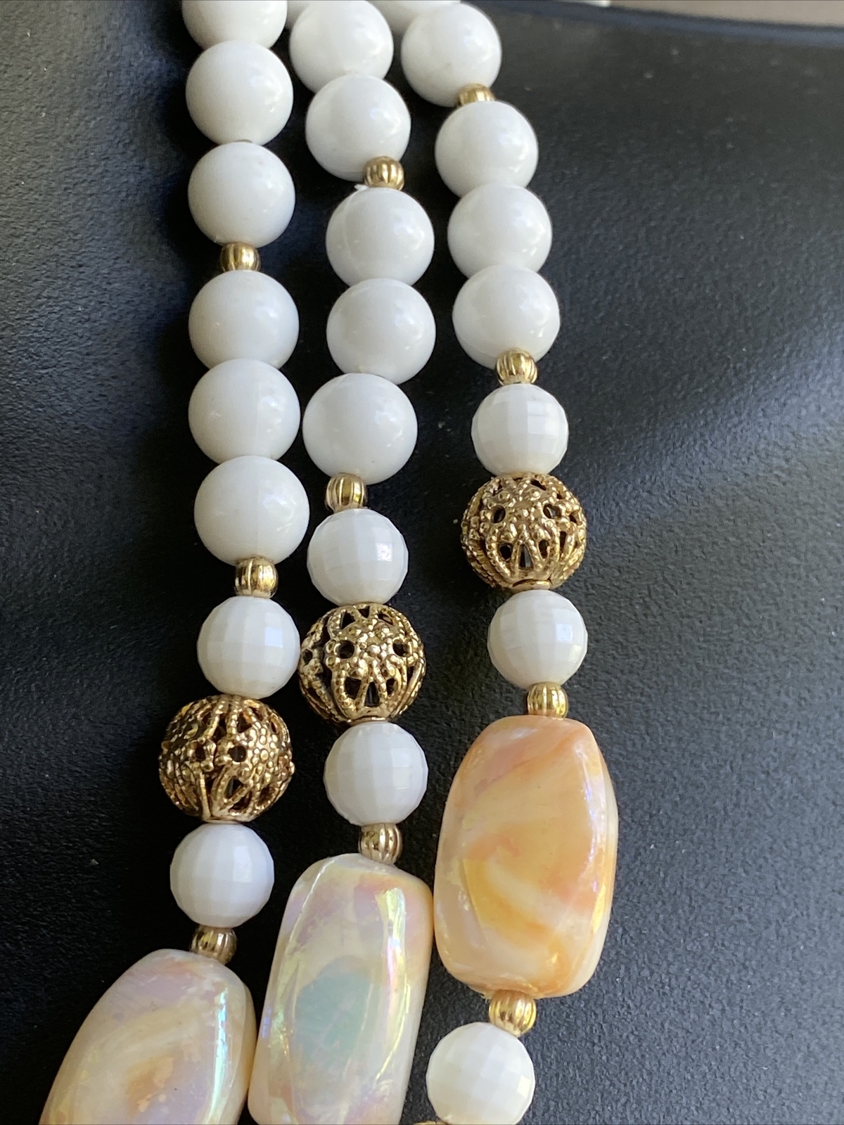 VNTG Signed CORO Triple-Strand OPALESCENT Enamel Beads Filigree Necklace Choker
