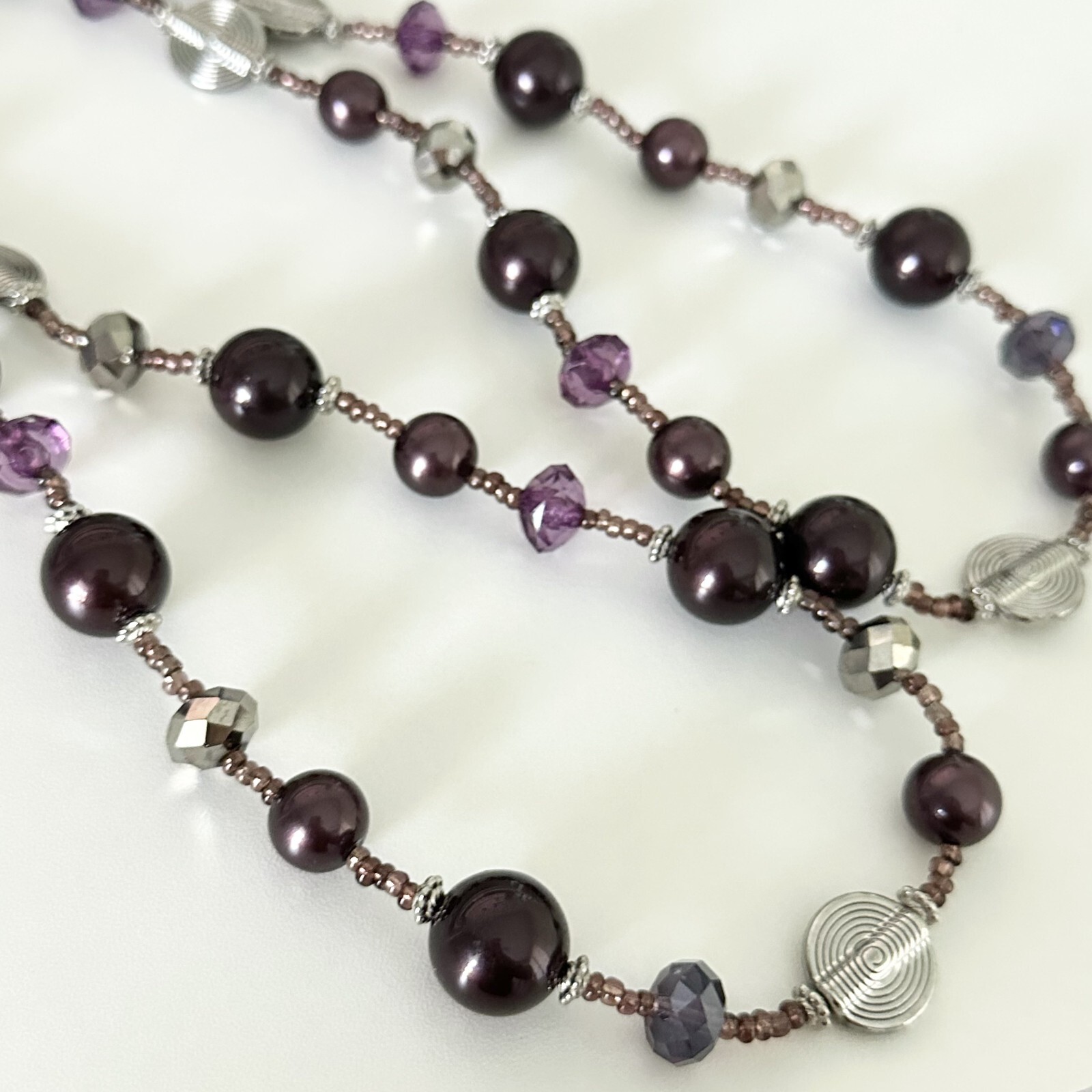 Vintage Purple & Silver Faceted Crystal Plum Acrylic Beaded Long Necklace 42″