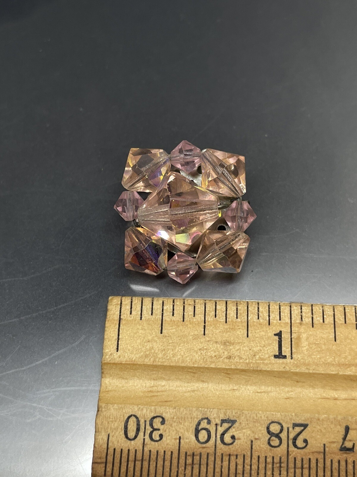 Vintage Pink Aurora Borealis Bicone Beads Cluster 0.75” Square Clip On Earrings