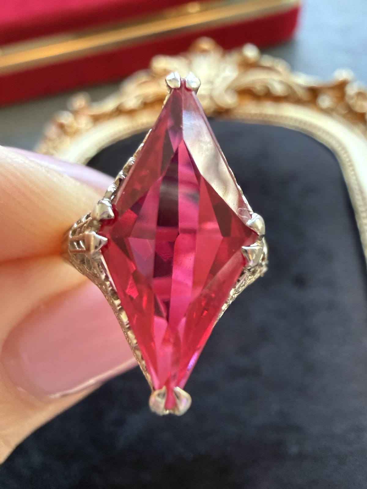Antique Art Deco 14k White Gold Filigree Ring with a Kite Cut Ruby lab created