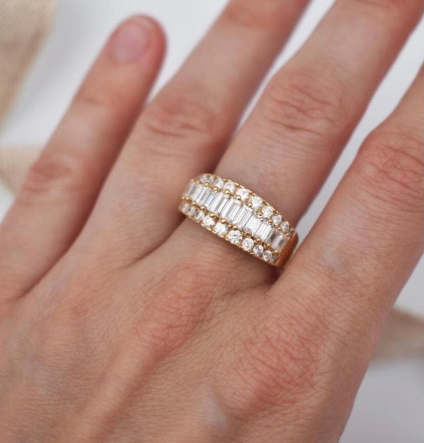 Right hand ring for women, massive baguette cz anniversary band solid 14K gold