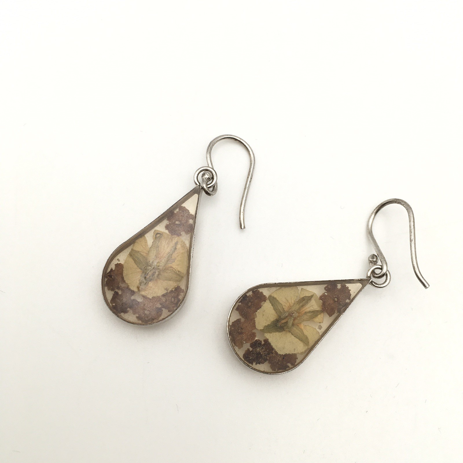 Sterling Silver ATI Dried Flower Resin Teardrop Dangle Earrings 925 Mex 4.5g #61