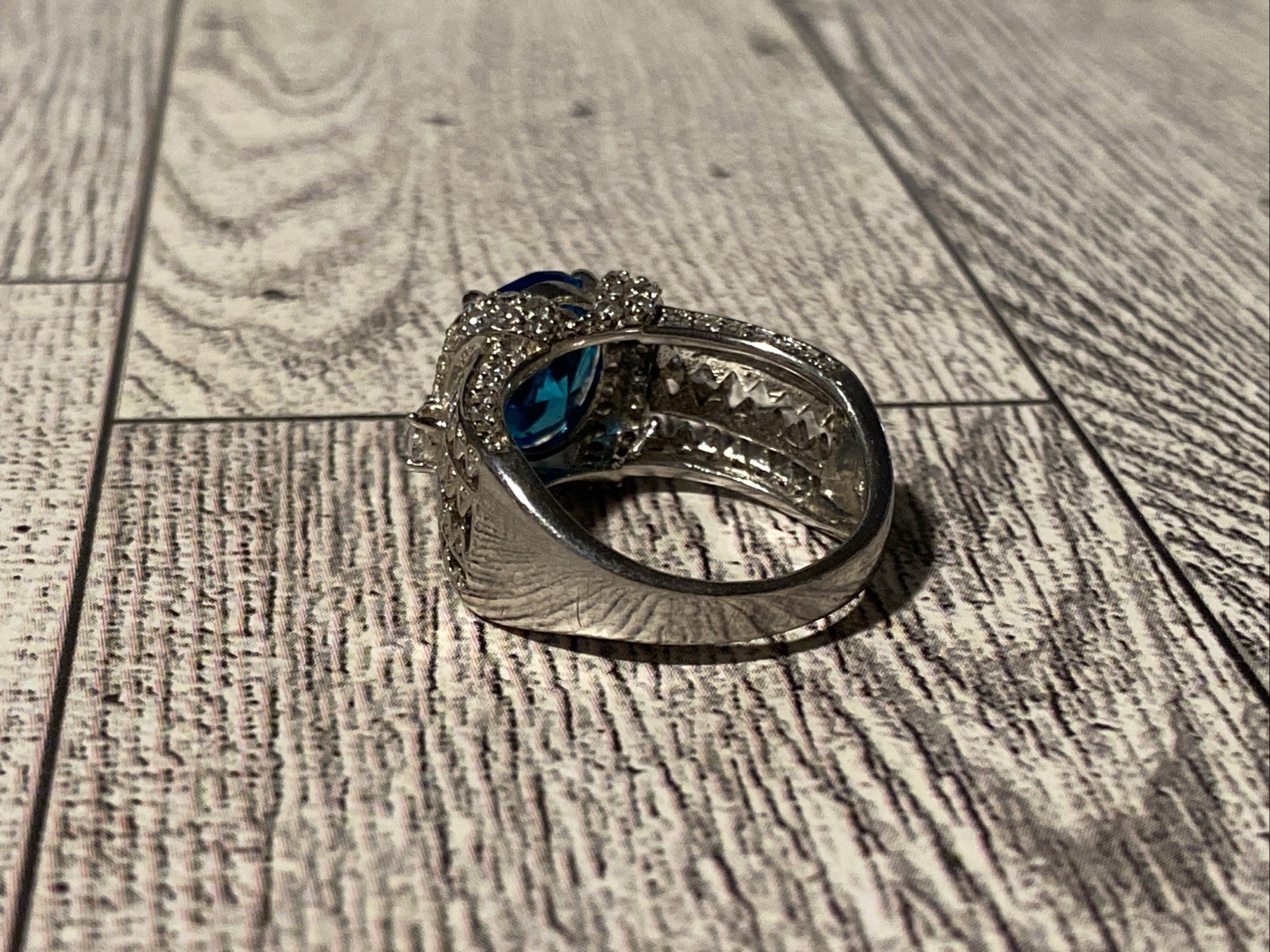 Sz 8 Cushion Cut 925 Ring Blue Topaz Color Stone Sterling Silver Filigree Signed