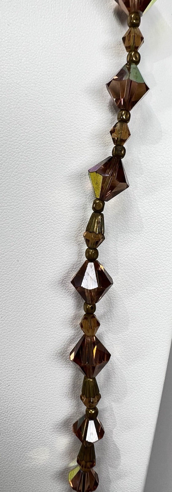 Vintage Faceted Bicone Crystal AB Bronze & Metal Spacers Long Graduated Necklace