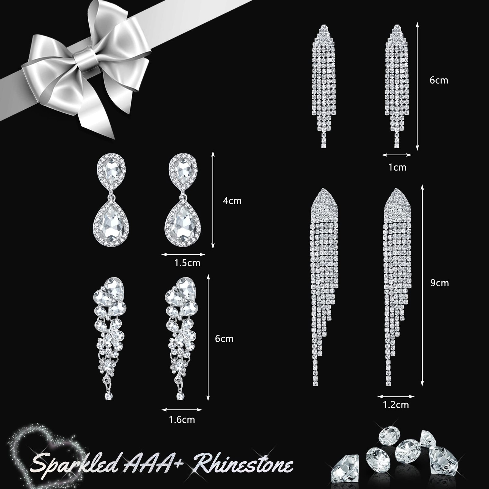 4 Pairs Silver Clip on Earrings for Women, Sparkly Rhinestone Tassel Chandeli…
