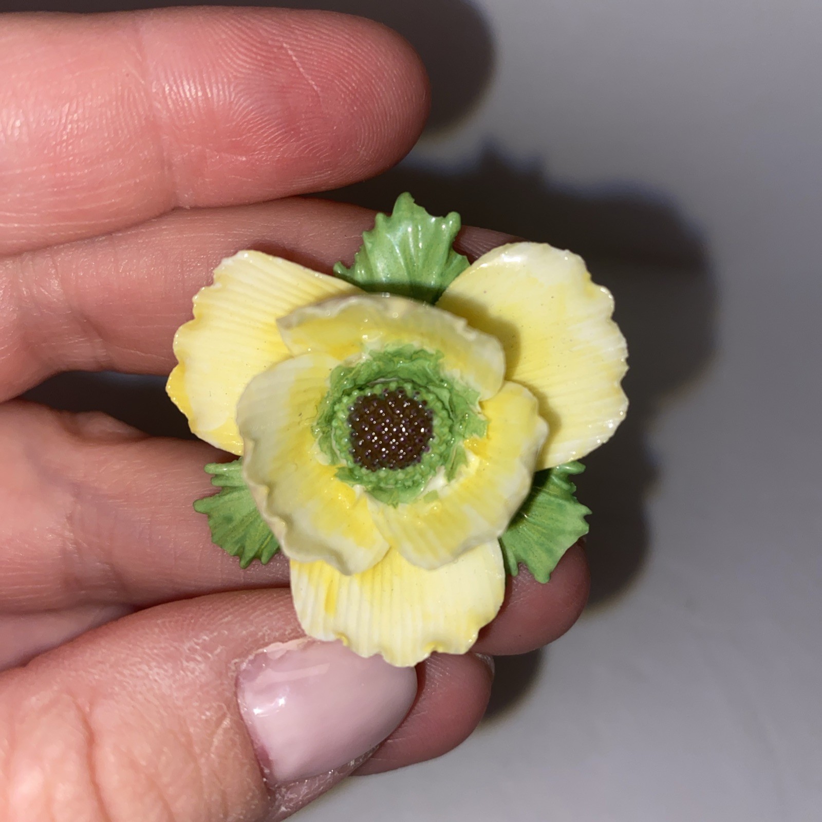 Robert Adderley Bone china Yellow Poppy flower brooch, Made in England VTG