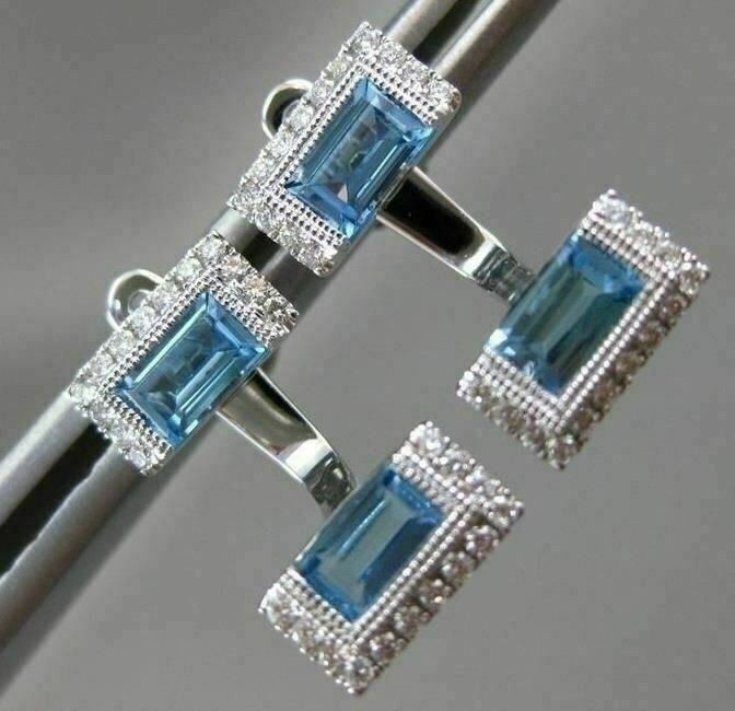 ESTATE 1.65CT DIAMOND & AAA BLUE TOPAZ 14KT WHITE GOLD MILGRAIN HANGING EARRINGS