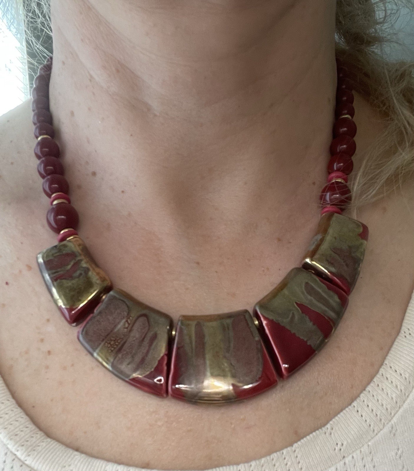 Vintage Japan Rust Red Art Pottery Ceramic Beaded Necklace W/Metallic Accents