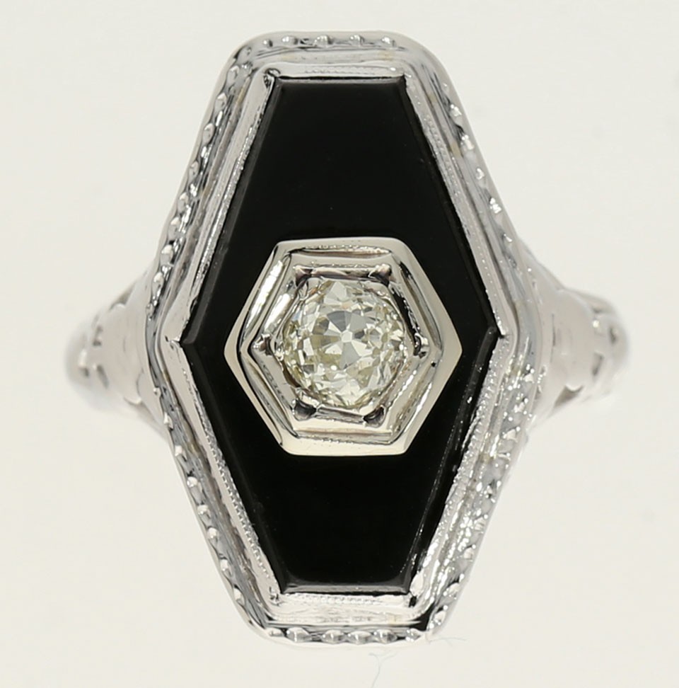 Antique Natural Diamond Onyx Filigree Ring .40CT 14K White Gold Size 7