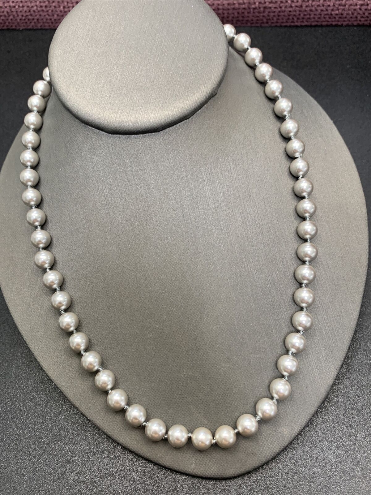 Vintage Signed Monet Grey Silver Hand Knotted Glass Pearl Necklace Long 20”