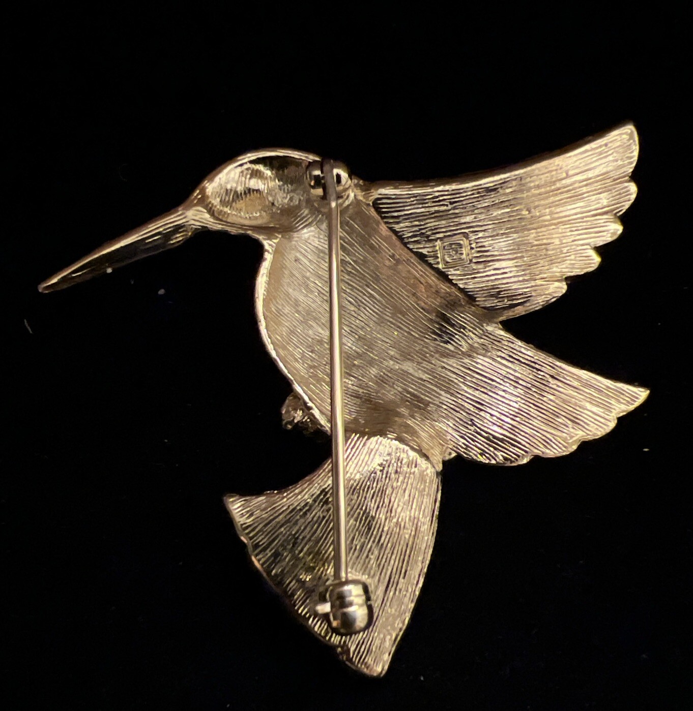 Vintage Hummingbird Brooch Gold tone Red Rhinestone Eye Approximately 2” L
