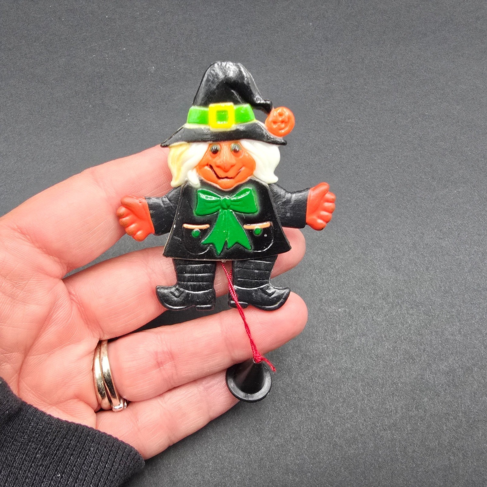 Vintage Fun World Halloween Witch Jumping Jack Pull String Brooch Pin Plastic
