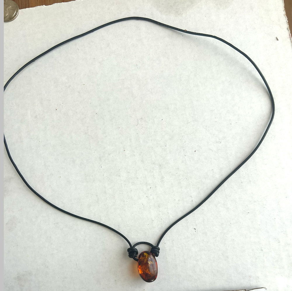 Baltic Cognac Honey Amber Teardrop Pendant Necklace Black Leather Cord