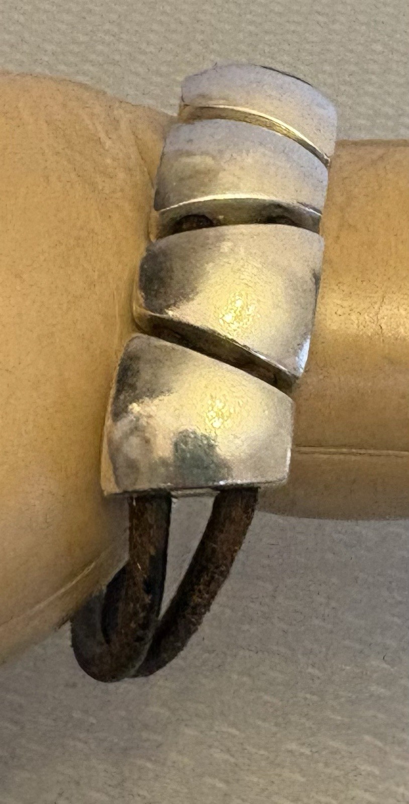 925 Taxco Mexico Modernist Sterling Silver Chunk Bracelet Leather Cord Toggle